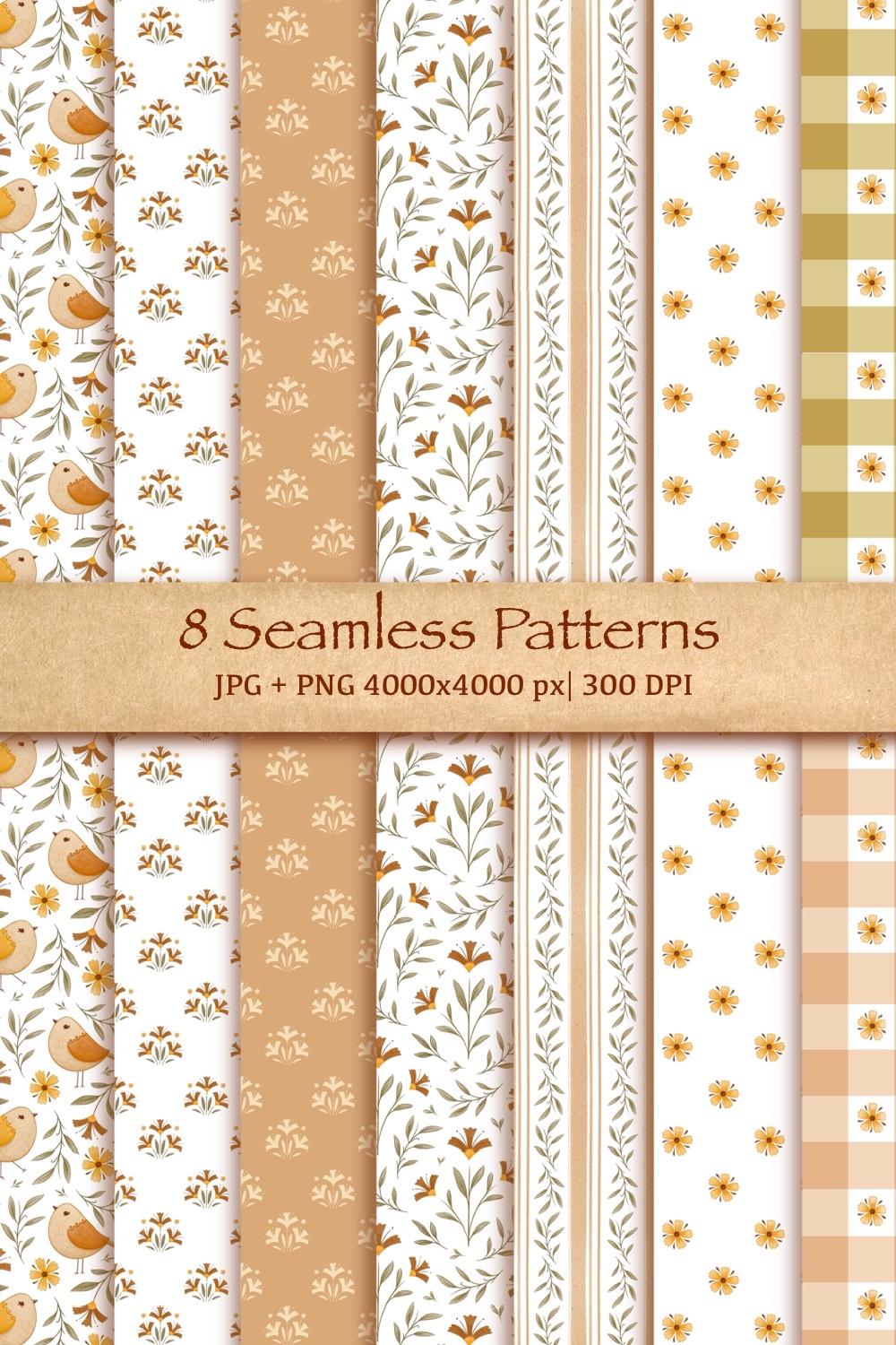 8 Spring Seamless Patterns – Flowers, Birds, Leaves pinterest preview image.