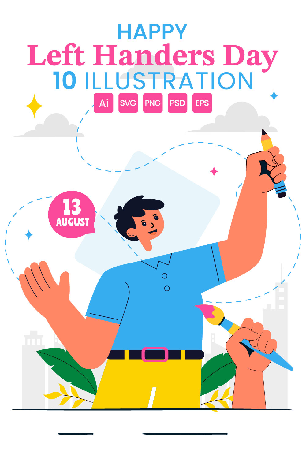 10 Happy Left Handers Day Illustration pinterest preview image.