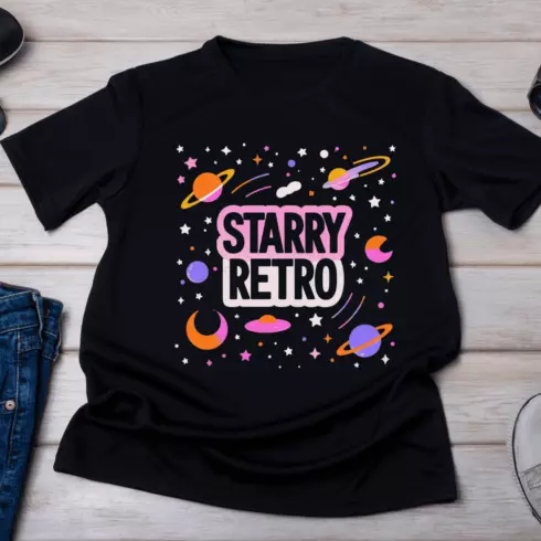 Starry Retro Universe T-Shirt Design cover image.