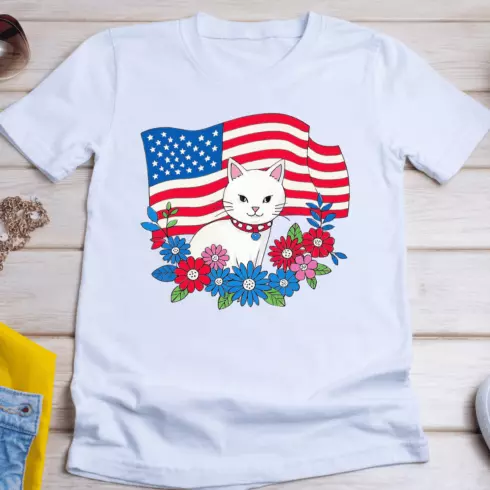Patriotic Cat with American Flag T-Shirt Design cover image.
