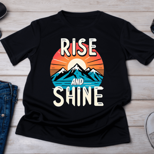 Rise and Shine Mountain Sunrise T-Shirt Design cover image.