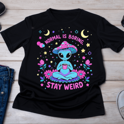 Normal is Boring Stay Weird Alien T-Shirt Design cover image.