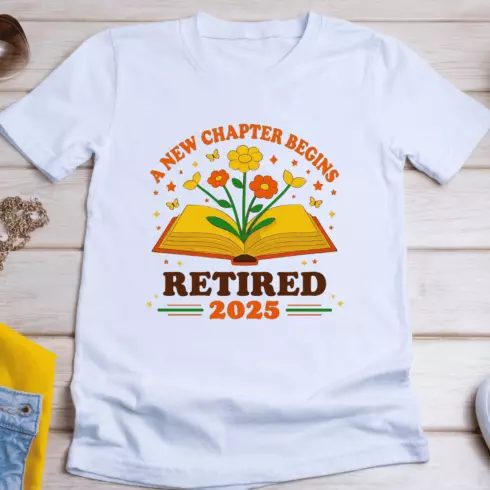 Retirement Book and Flowers T-Shirt Design cover image.