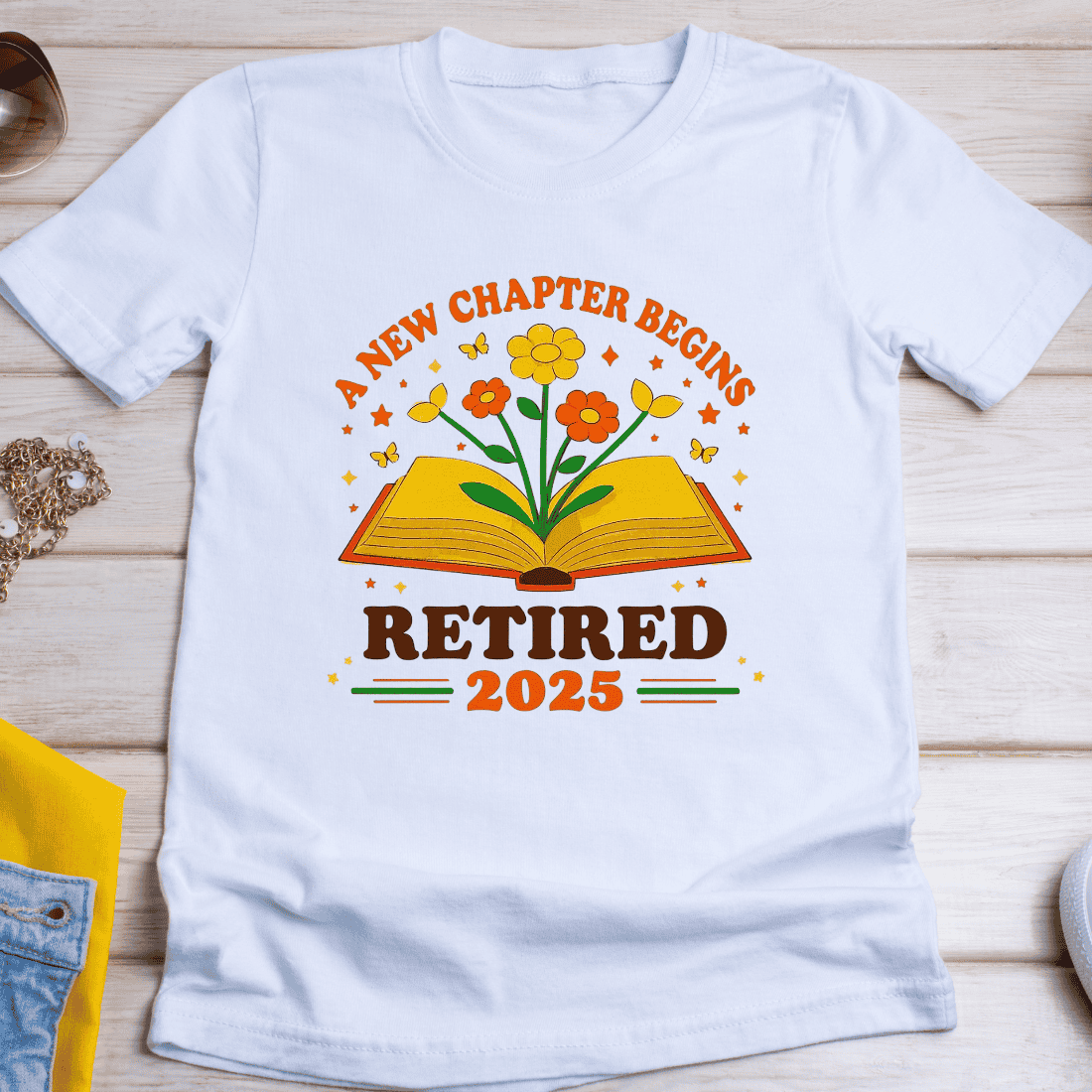 Retirement Book and Flowers T-Shirt Design cover image.