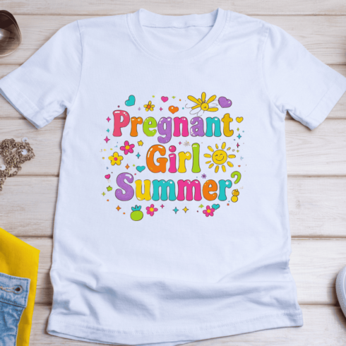 Colorful Pregnant Girl Summer Typography T-Shirt Design cover image.