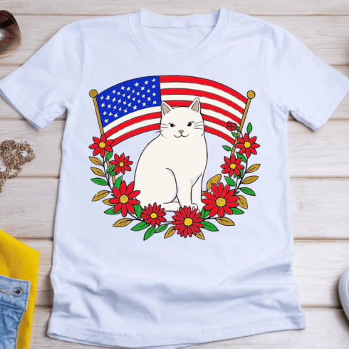 Fourth of July Cat Floral T-Shirt Design cover image.