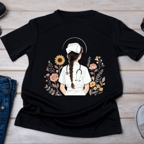 Nurse with Floral Background T-Shirt Design cover image.
