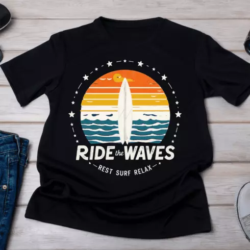 Ride the Waves Surfboard Sunset T-Shirt Design cover image.