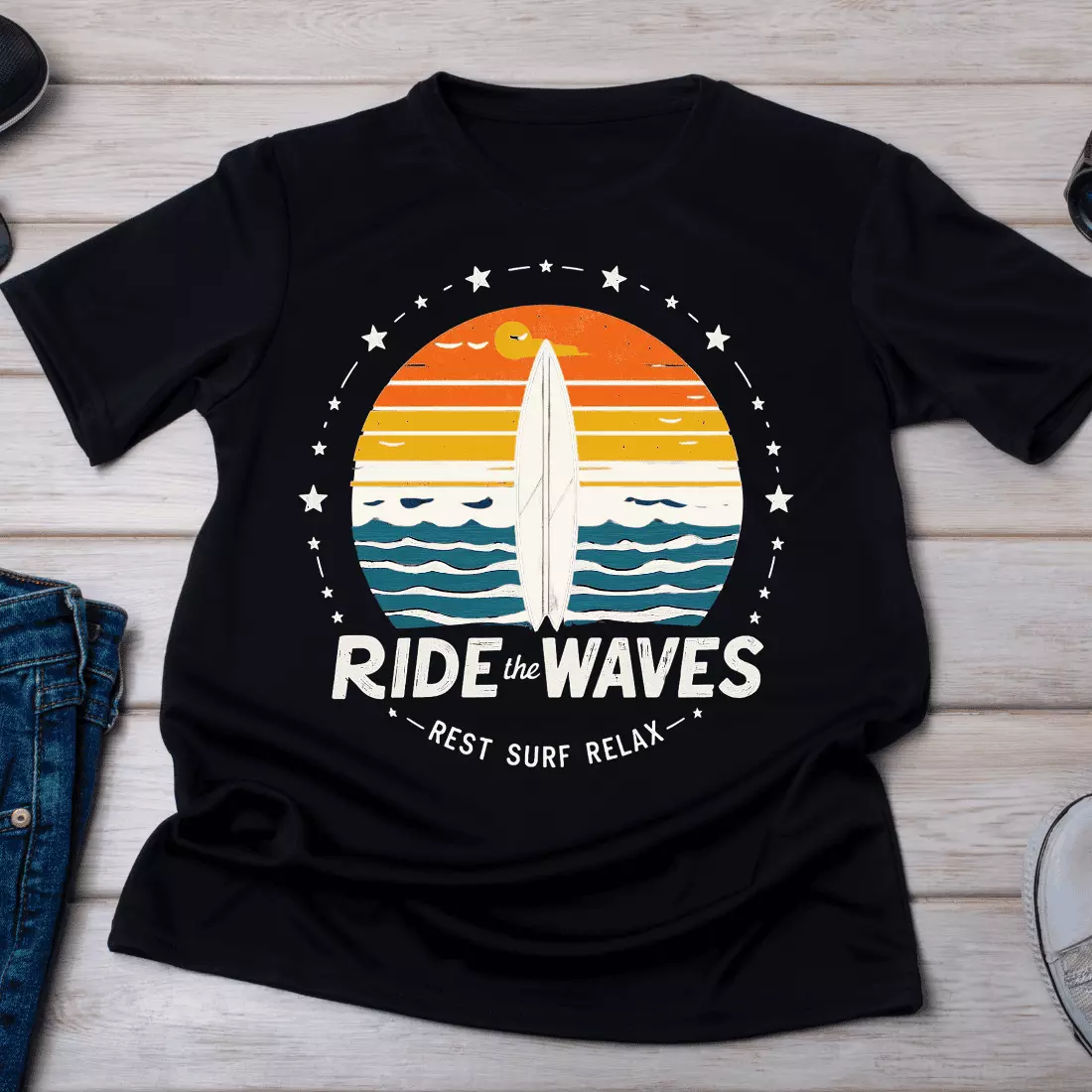 Ride the Waves Surfboard Sunset T-Shirt Design cover image.