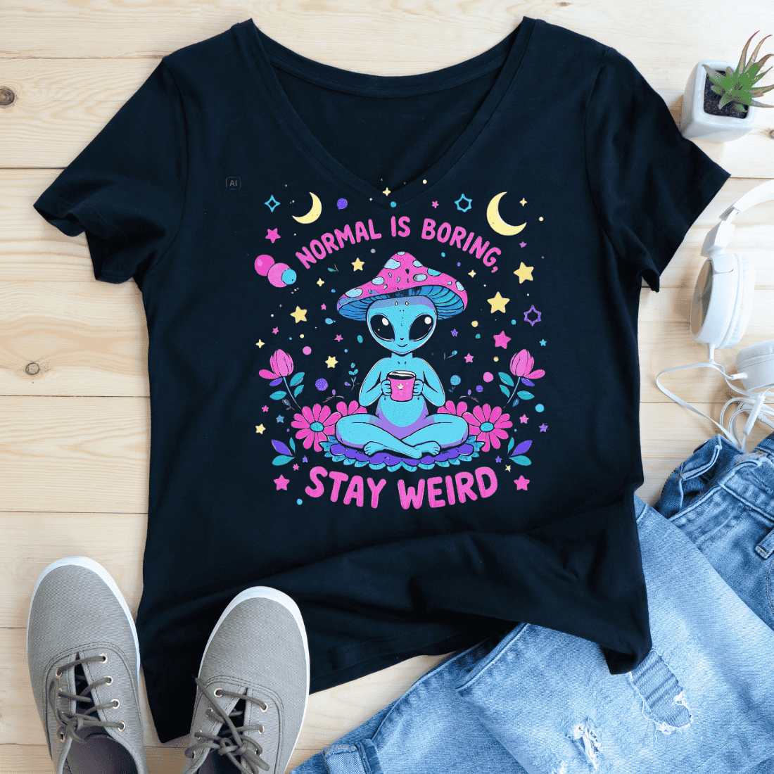 Normal is Boring Stay Weird Alien T-Shirt Design preview image.