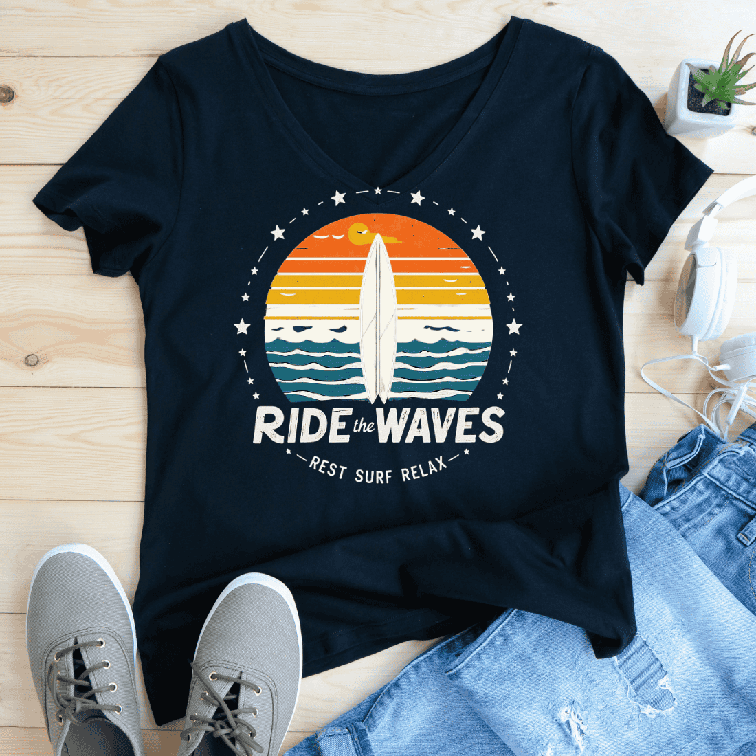 Ride the Waves Surfboard Sunset T-Shirt Design preview image.