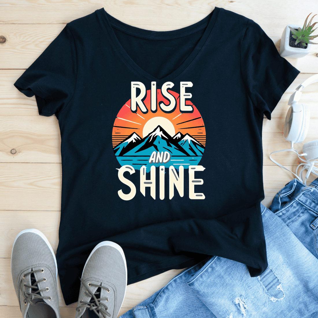 Rise and Shine Mountain Sunrise T-Shirt Design preview image.