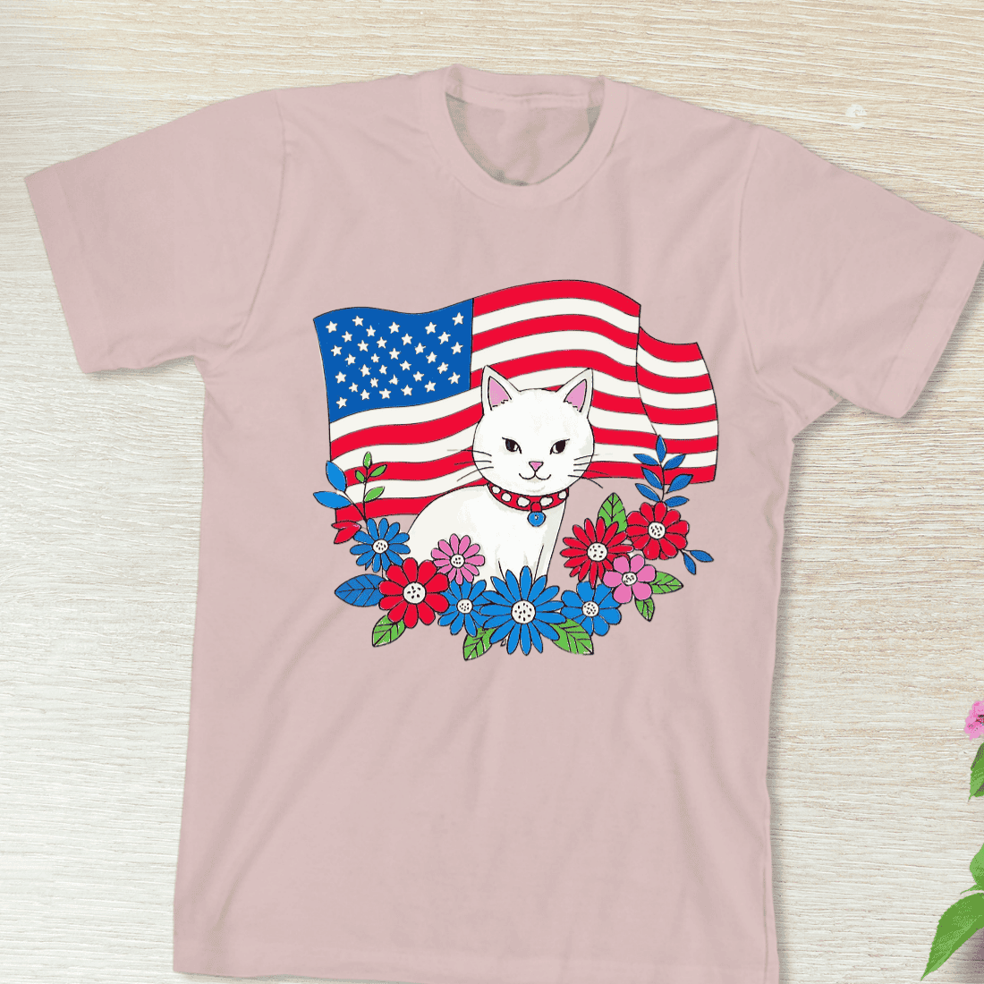 Patriotic Cat with American Flag T-Shirt Design preview image.