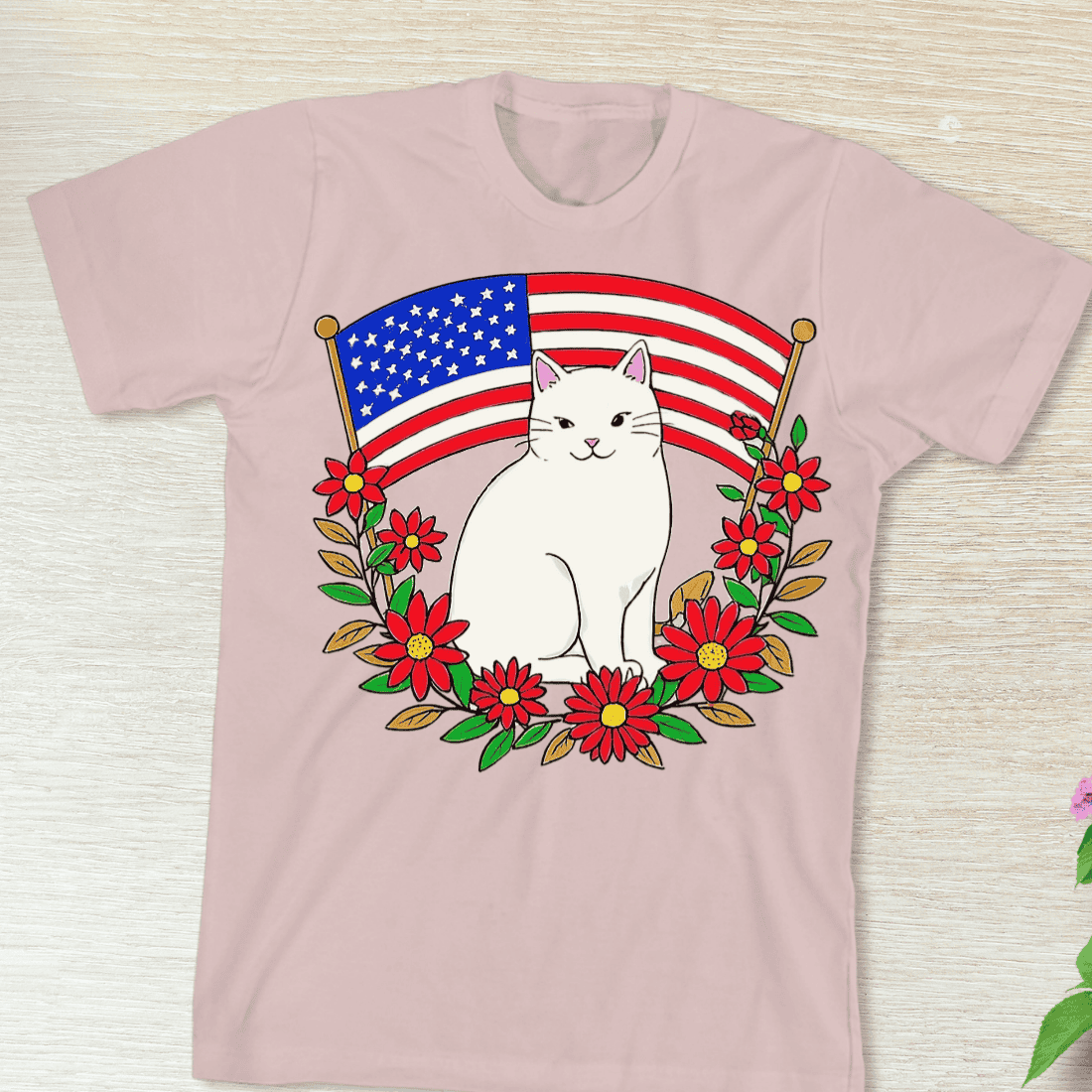 Fourth of July Cat Floral T-Shirt Design preview image.