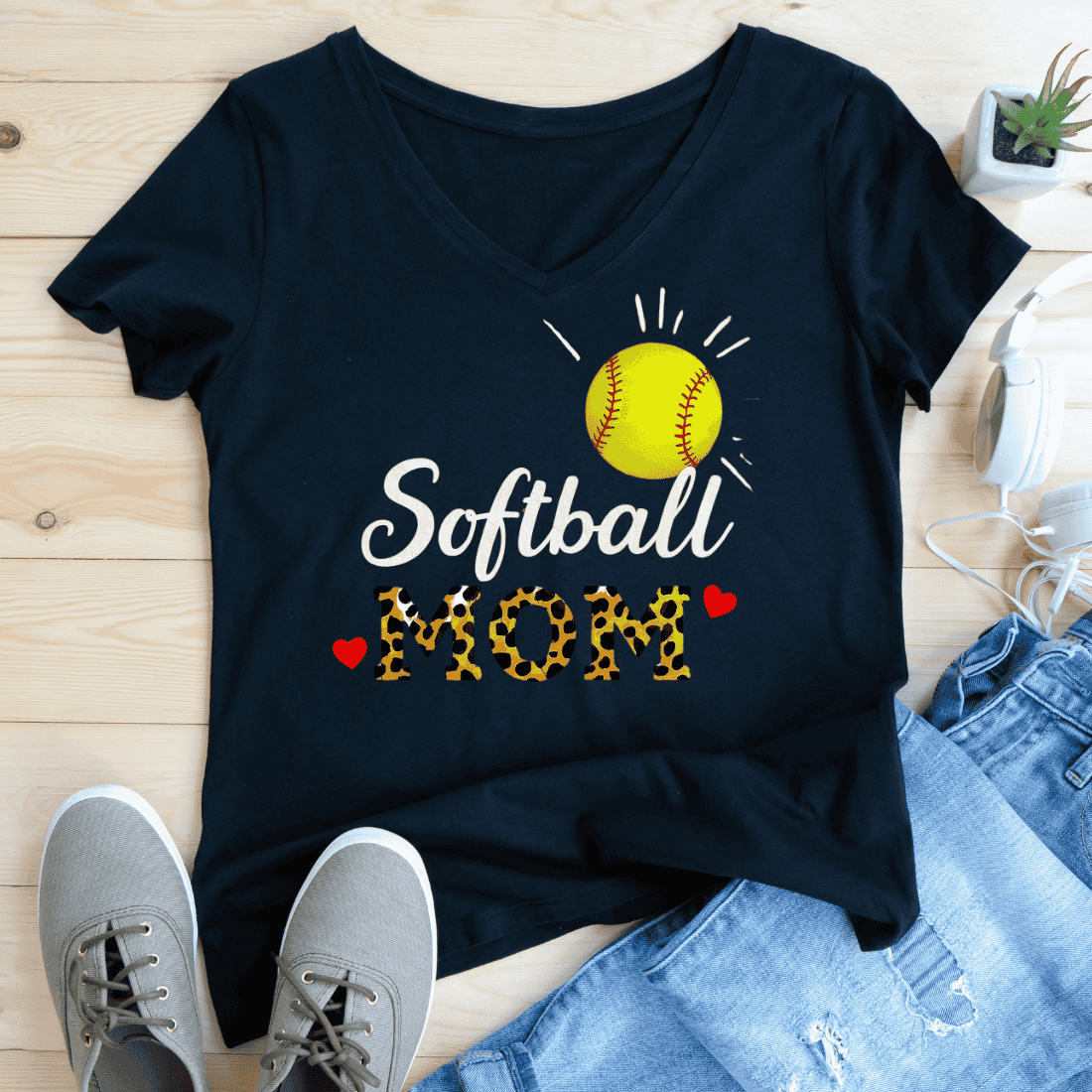 Softball Mama with Heart Accents T-Shirt Design preview image.