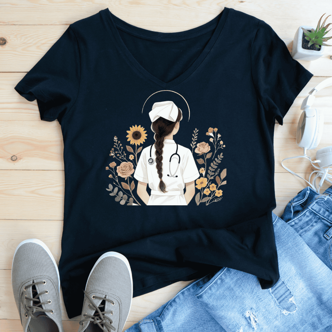 Nurse with Floral Background T-Shirt Design preview image.