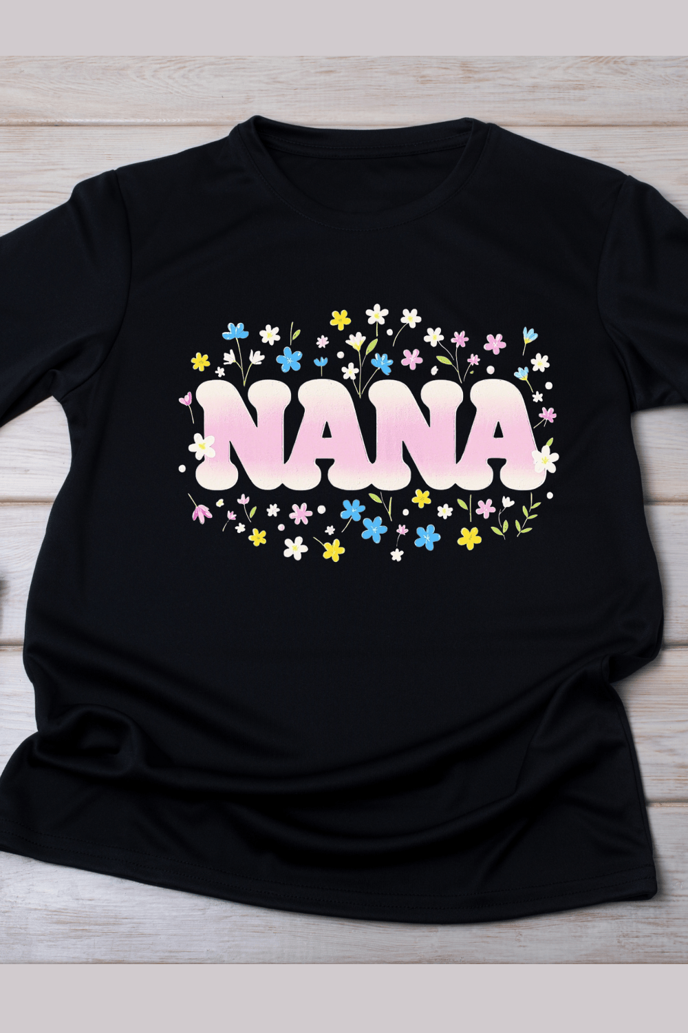 Whimsical Flower Text for Nana T-Shirt Design pinterest preview image.