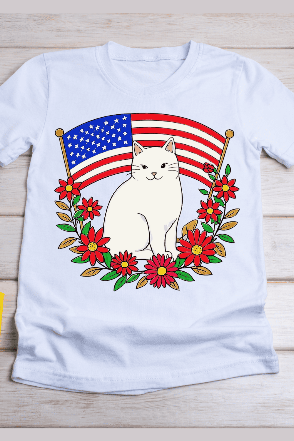 Fourth of July Cat Floral T-Shirt Design pinterest preview image.