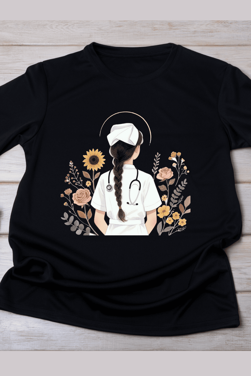 Nurse with Floral Background T-Shirt Design pinterest preview image.