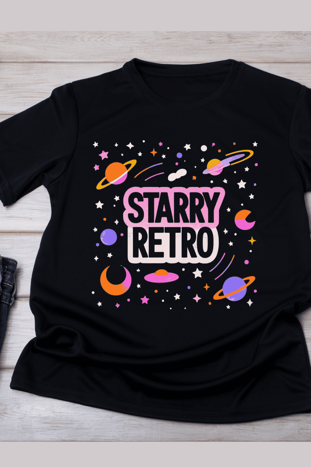 Starry Retro Universe T-Shirt Design pinterest preview image.