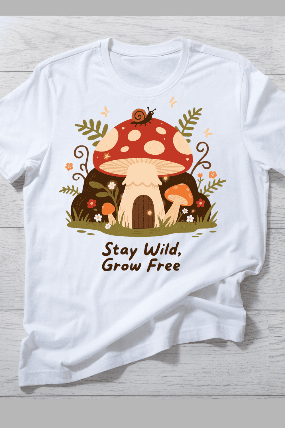 Stay Wild Grow Free Mushroom House T-Shirt Design pinterest preview image.