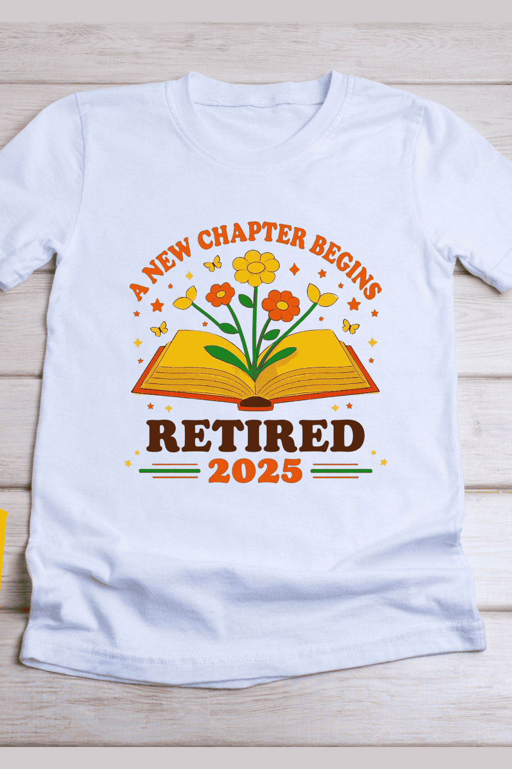 Retirement Book and Flowers T-Shirt Design pinterest preview image.
