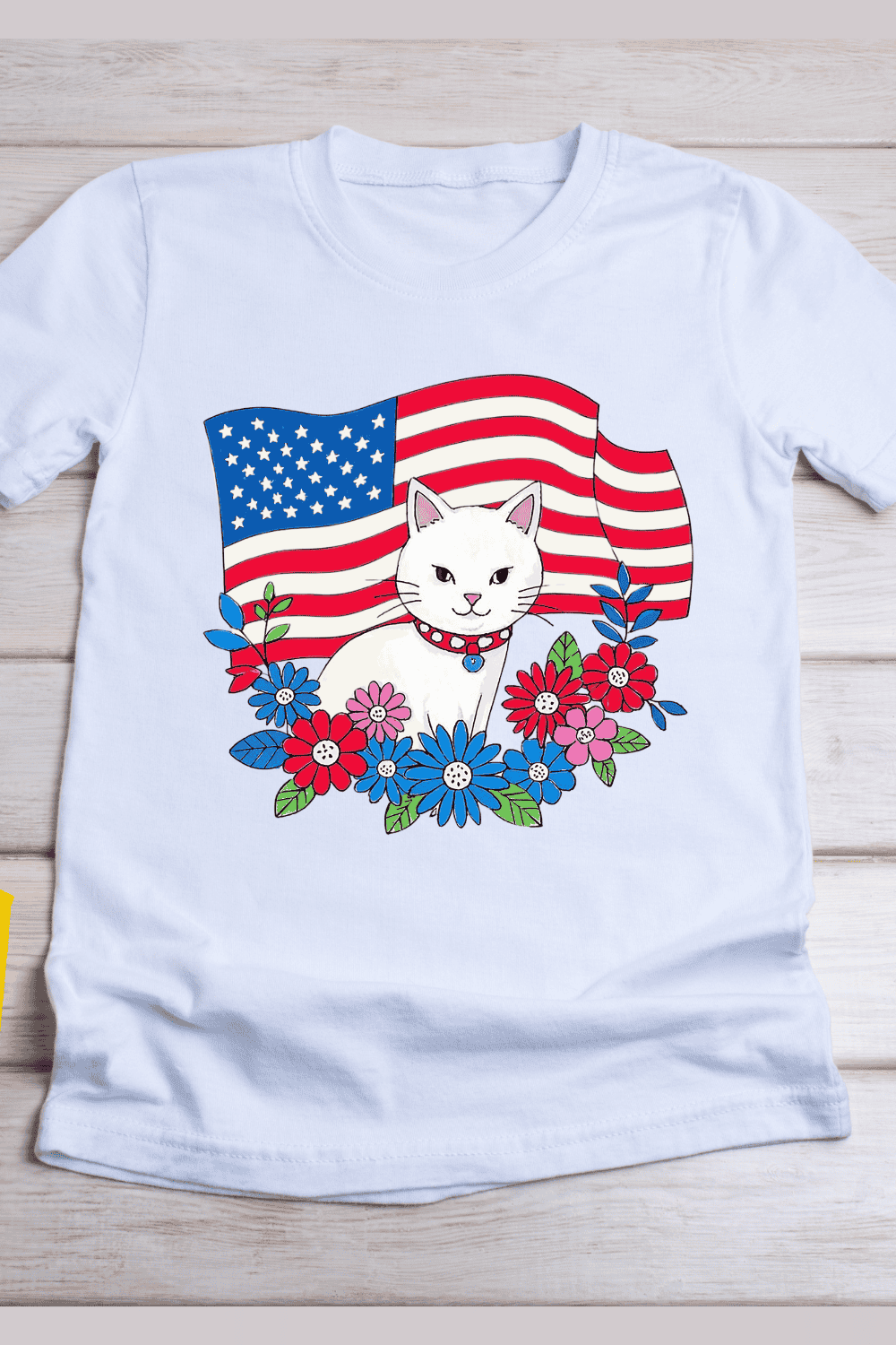 Patriotic Cat with American Flag T-Shirt Design pinterest preview image.