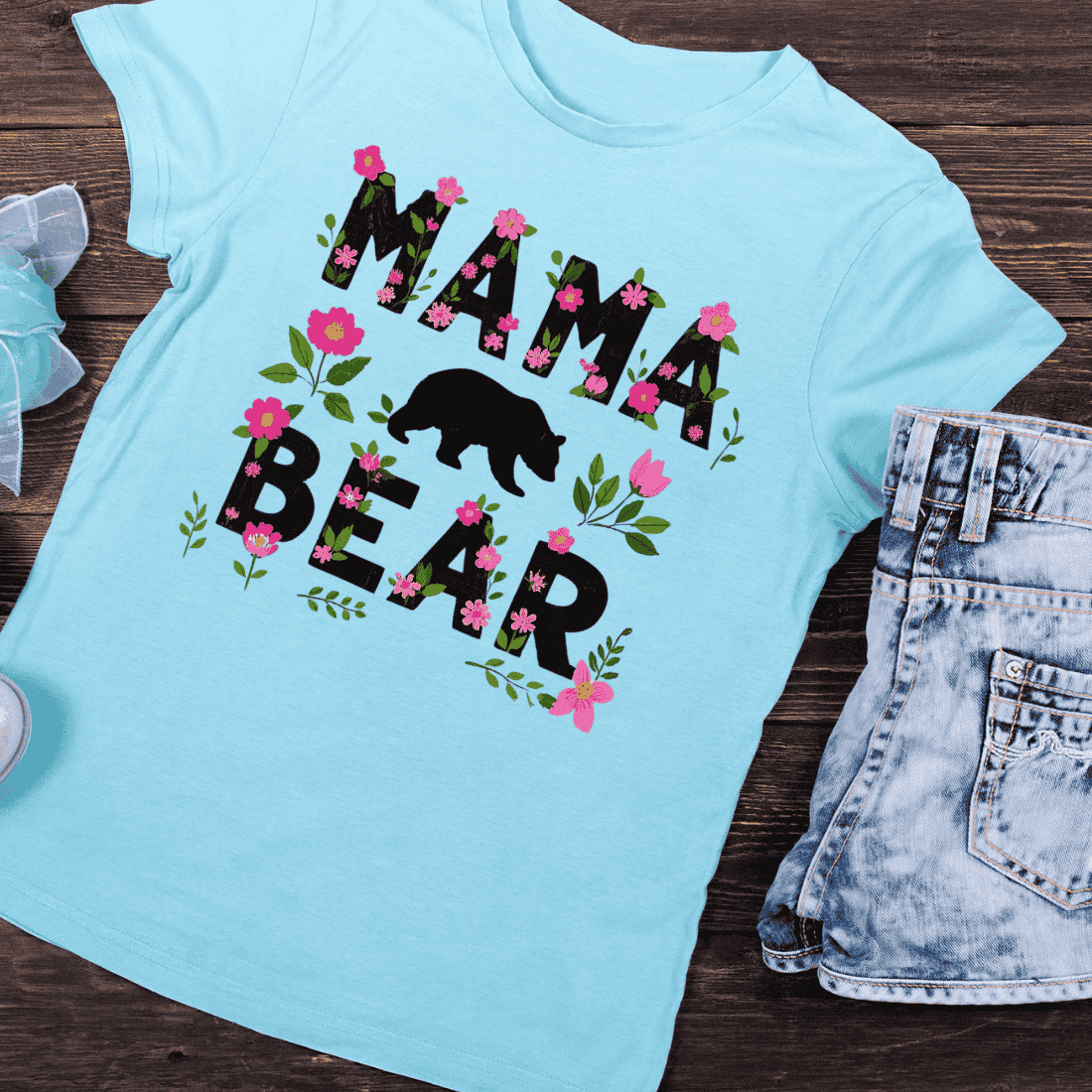 Mama Bear with Flowers and Silhouette T-Shirt Design preview image.