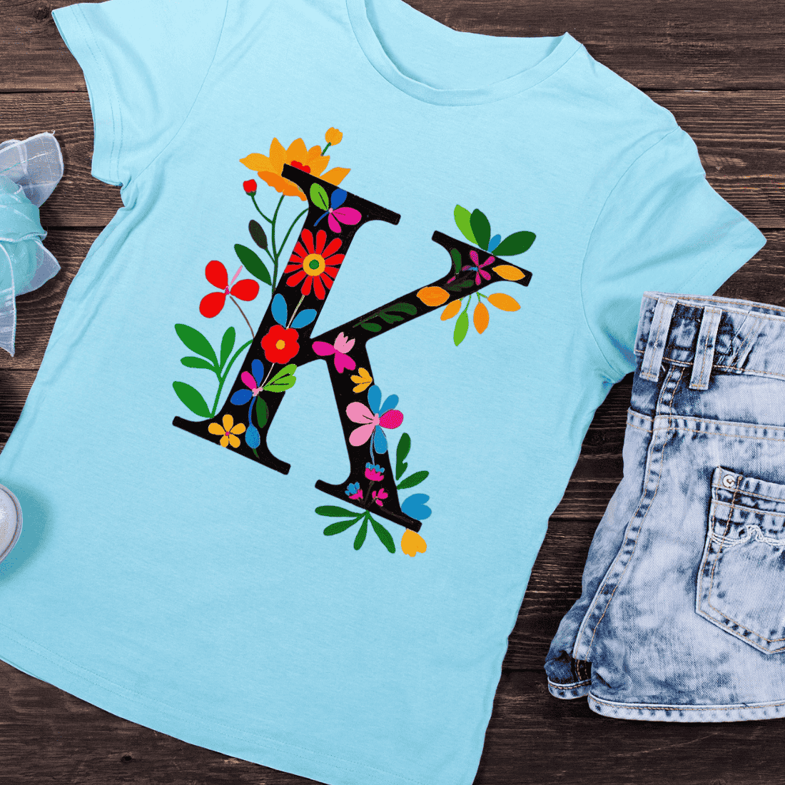 Ornate Floral Letter K T-Shirt Design preview image.