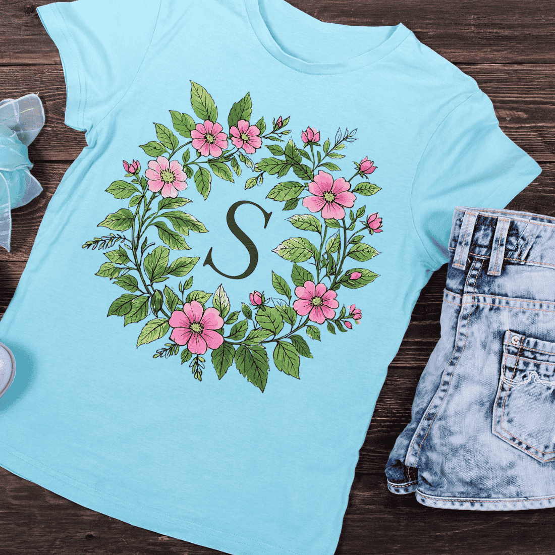 Floral Alphabet Letter S Wreath T-Shirt Design preview image.