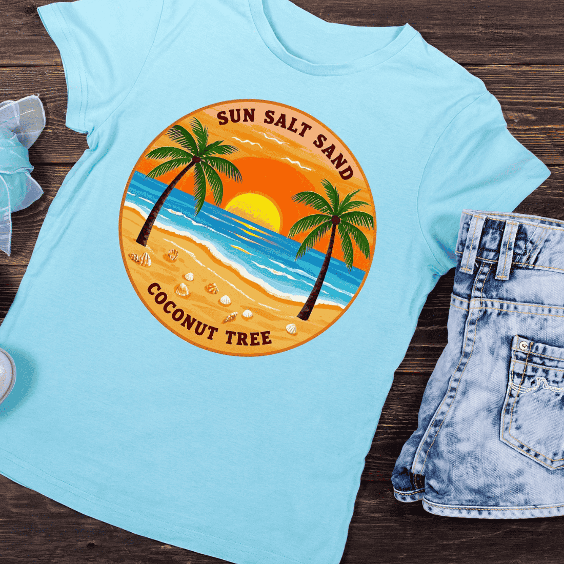 Sun Salt Sand Coconut Tree Beach T-Shirt Design preview image.