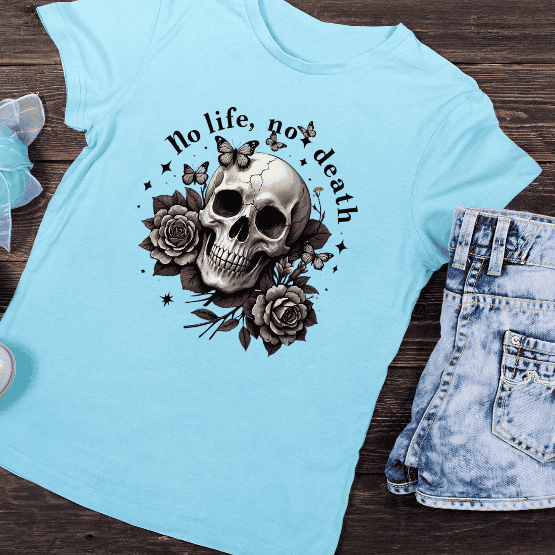 Gothic Skull Rose Butterfly T-Shirt Design preview image.