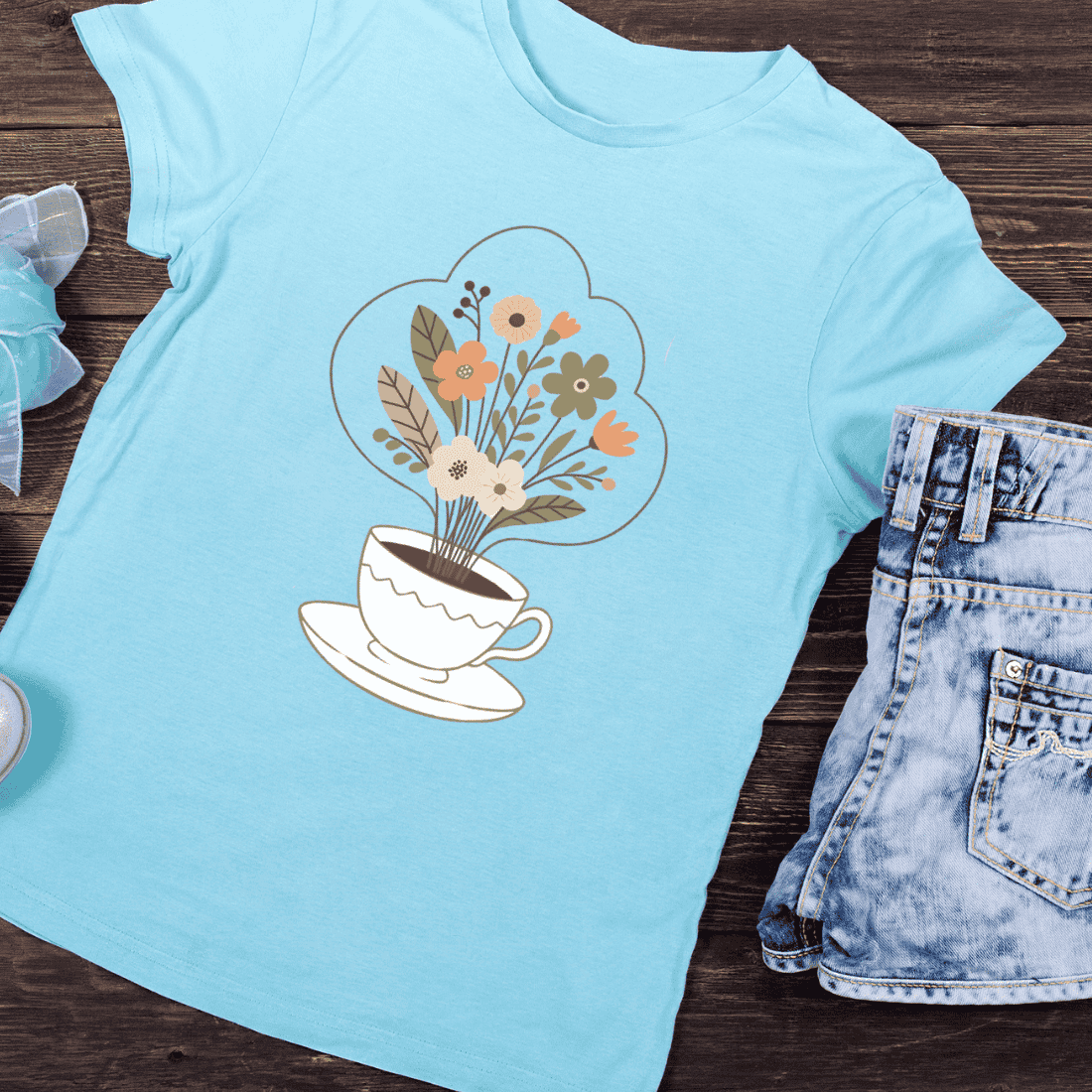 Floral Bouquet in Tea Cup T-Shirt Design preview image.