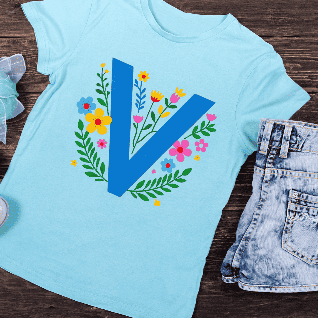 Initial V with Vibrant Flowers T-Shirt Design preview image.