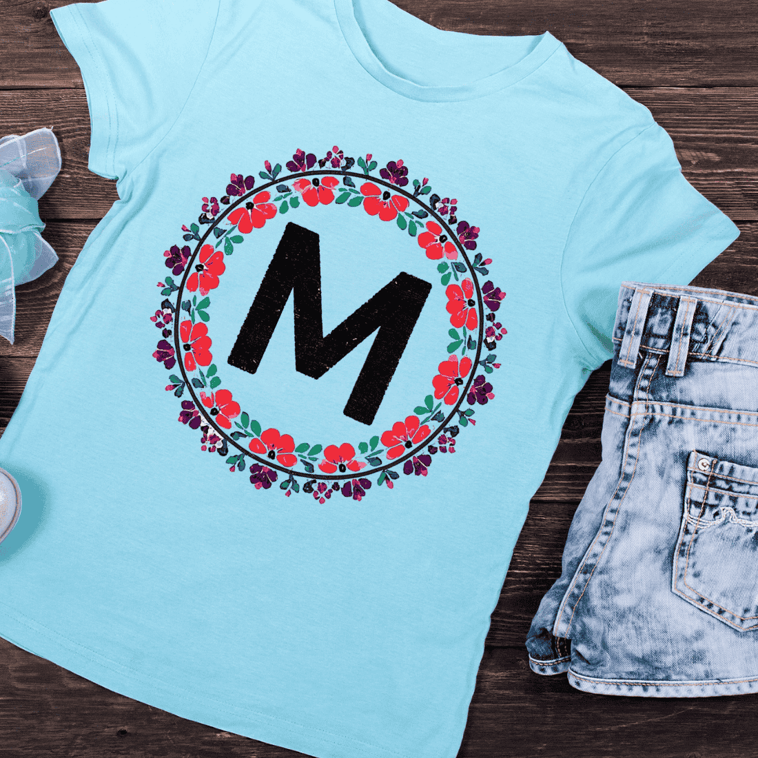 Floral Wreath Monogram Letter M T-Shirt Design preview image.