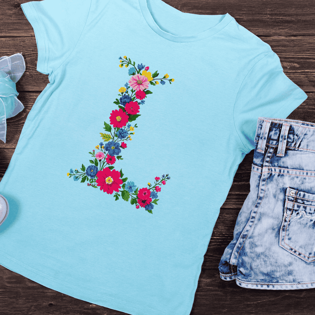 Floral Letter L Watercolor Alphabet T-Shirt Design preview image.
