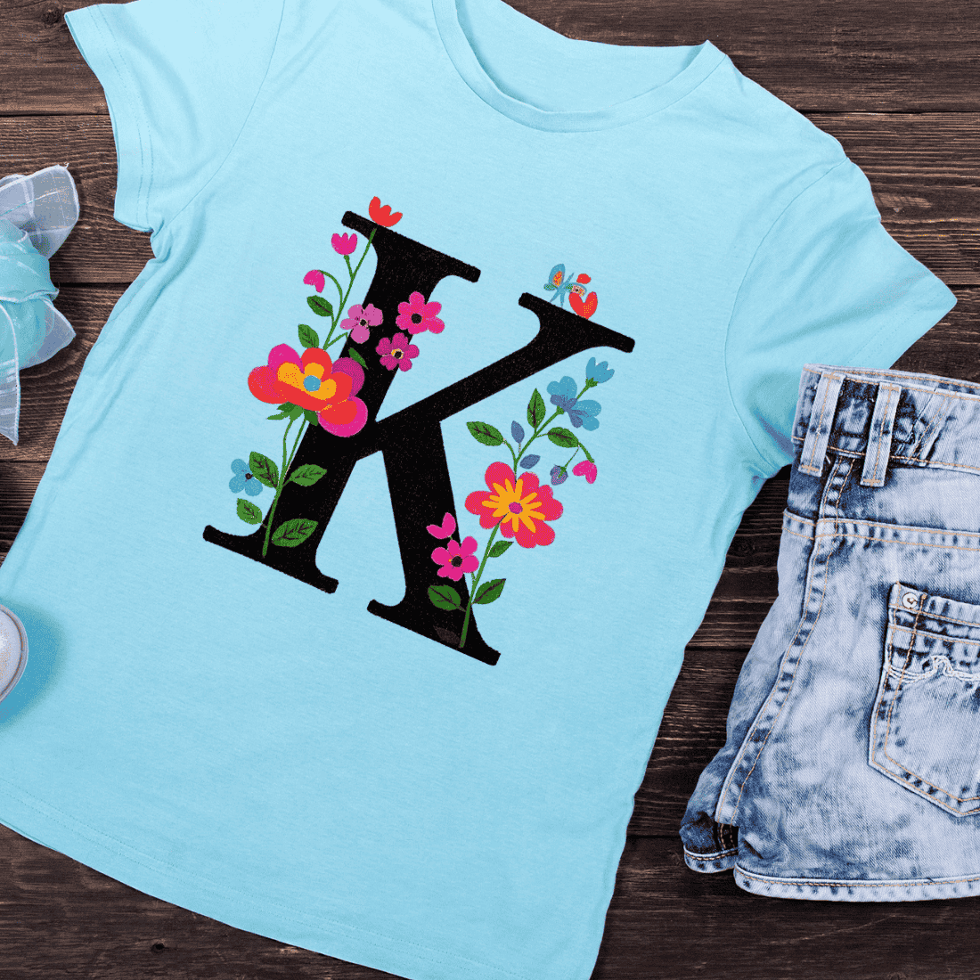 Colorful Flower Alphabet K T-Shirt Design preview image.