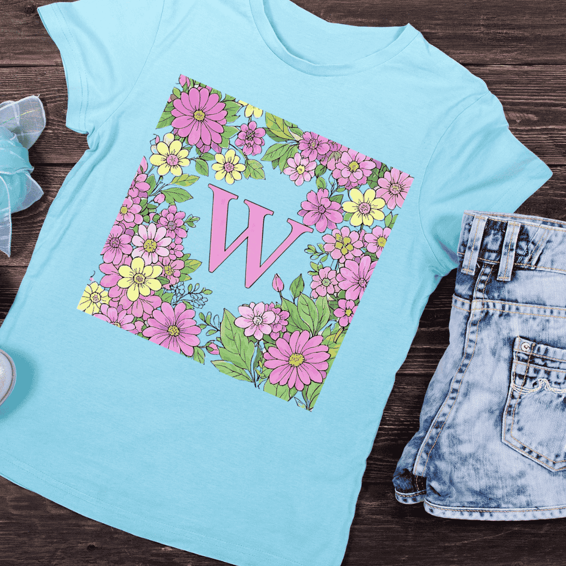 Decorative Monogram W with Colorful Flowers T-Shirt Design preview image.