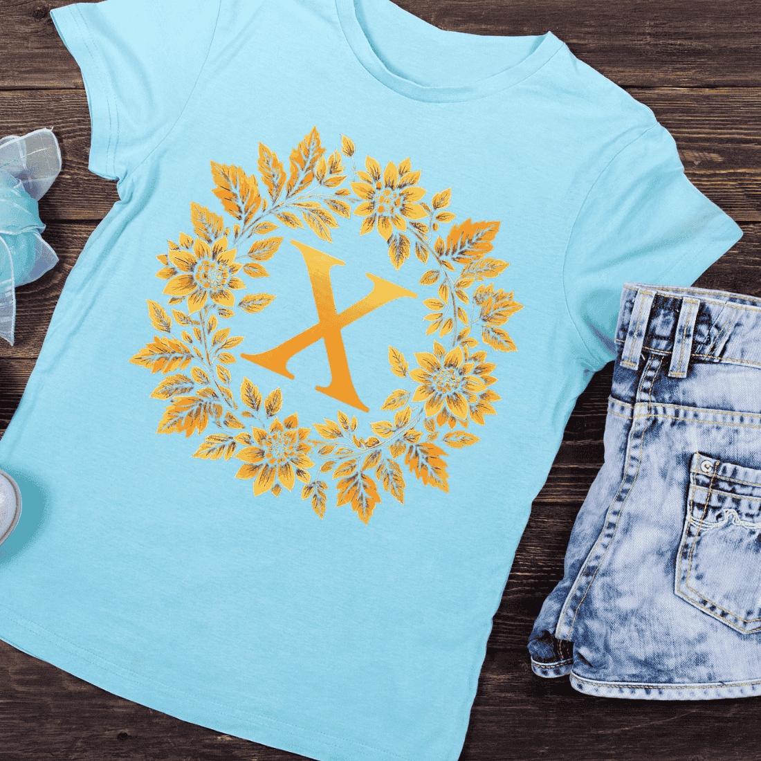 Golden Floral Letter X Wreath T-Shirt Design preview image.