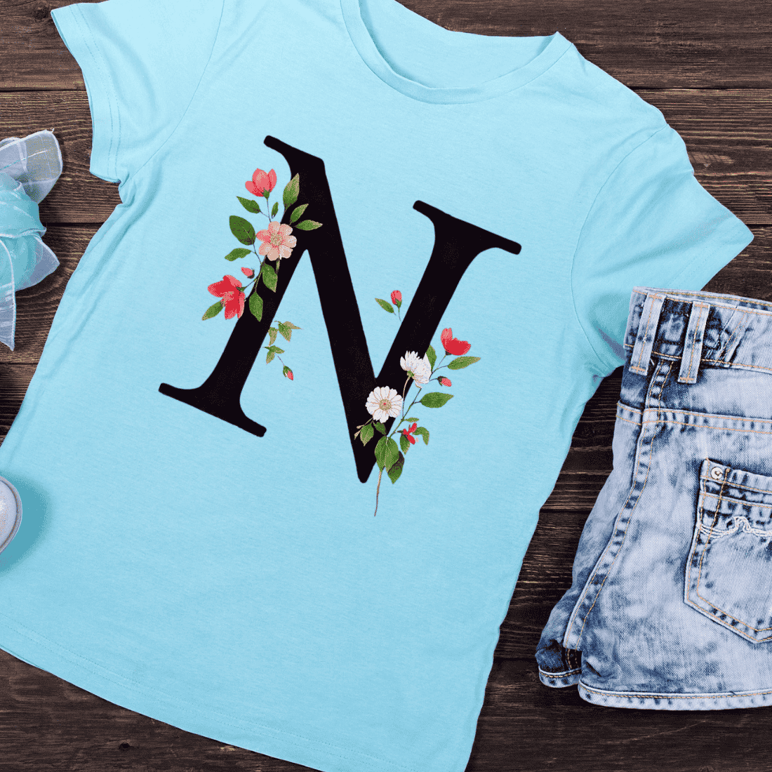 Pink and Red Flower Initial N Alphabet T-Shirt Design preview image.