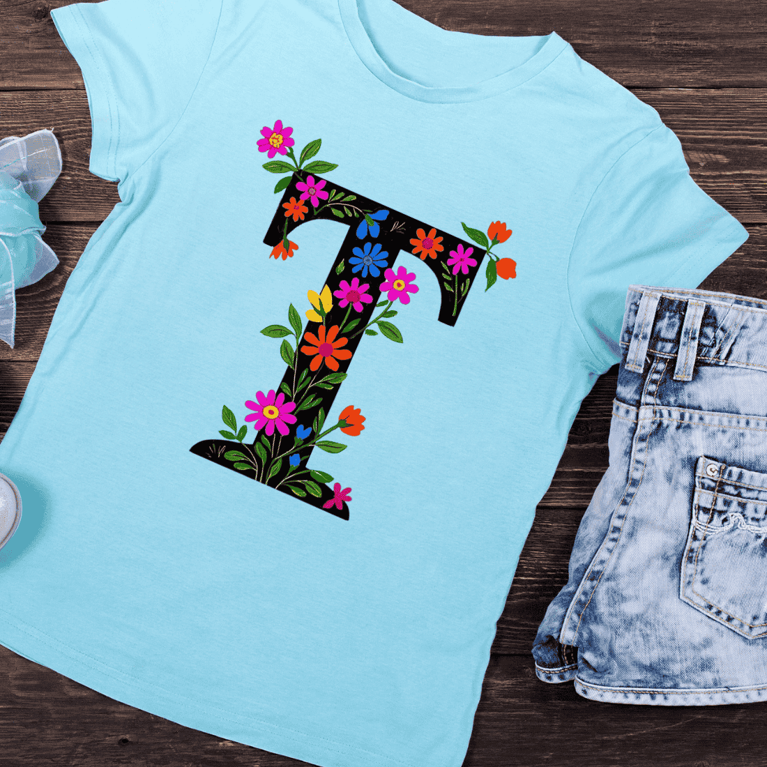 Floral Alphabet Letter T with Colorful Flowers T-Shirt Design preview image.