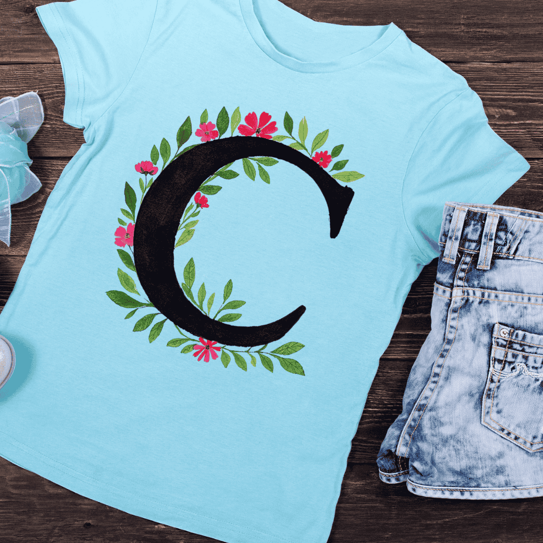 Elegant Floral Letter C Dark Botanical Monogram T-Shirt Design preview image.