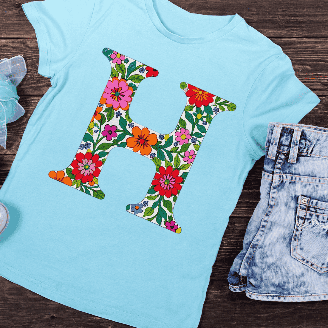 Floral Letter H T-Shirt Design preview image.