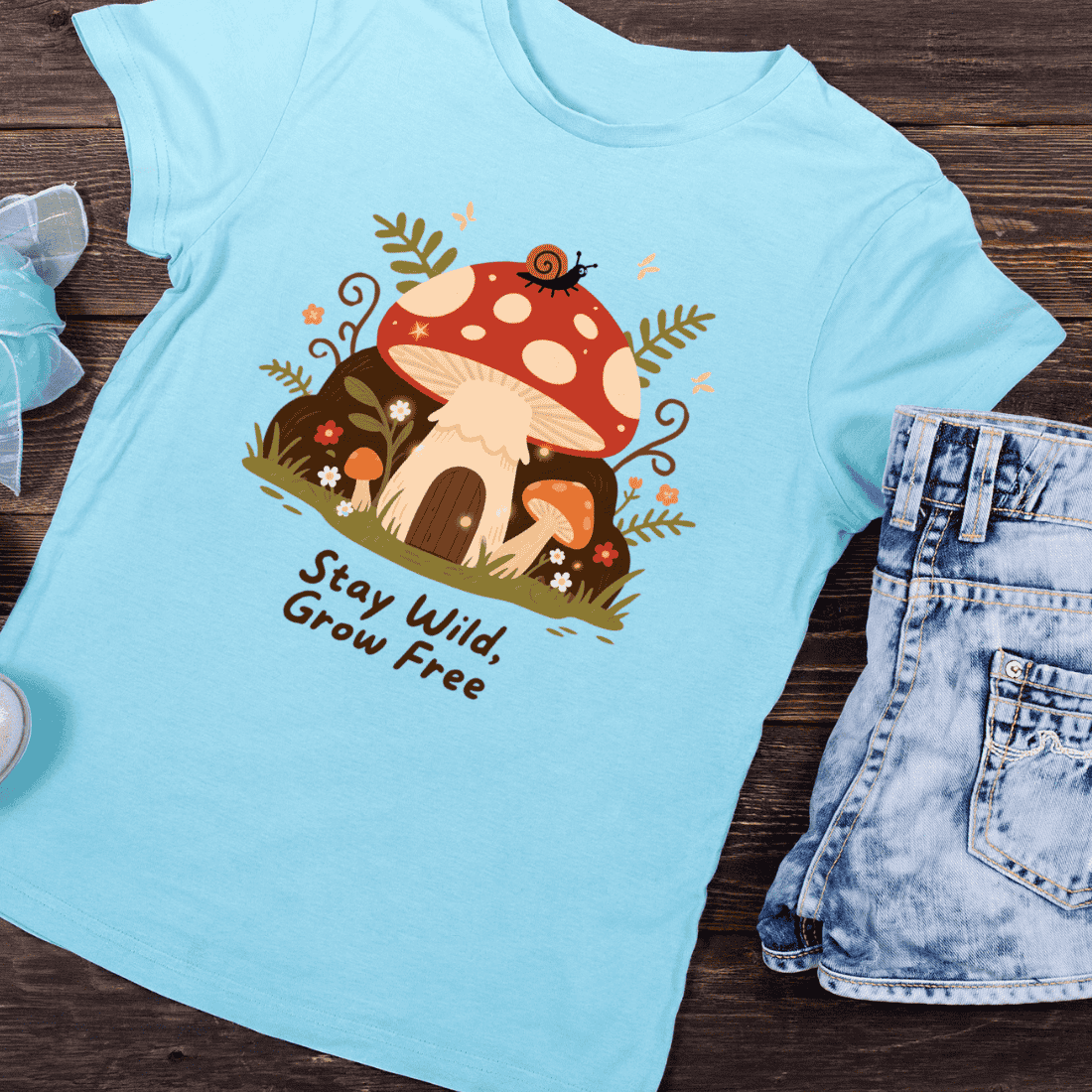 Stay Wild Grow Free Mushroom House T-Shirt Design preview image.