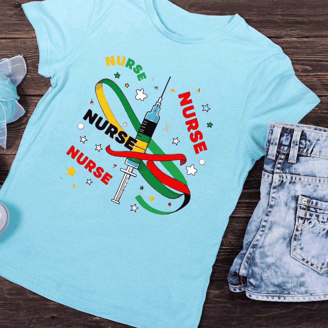 Colorful Nurse with Medical Syringe and Ribbon T-Shirt Design preview image.