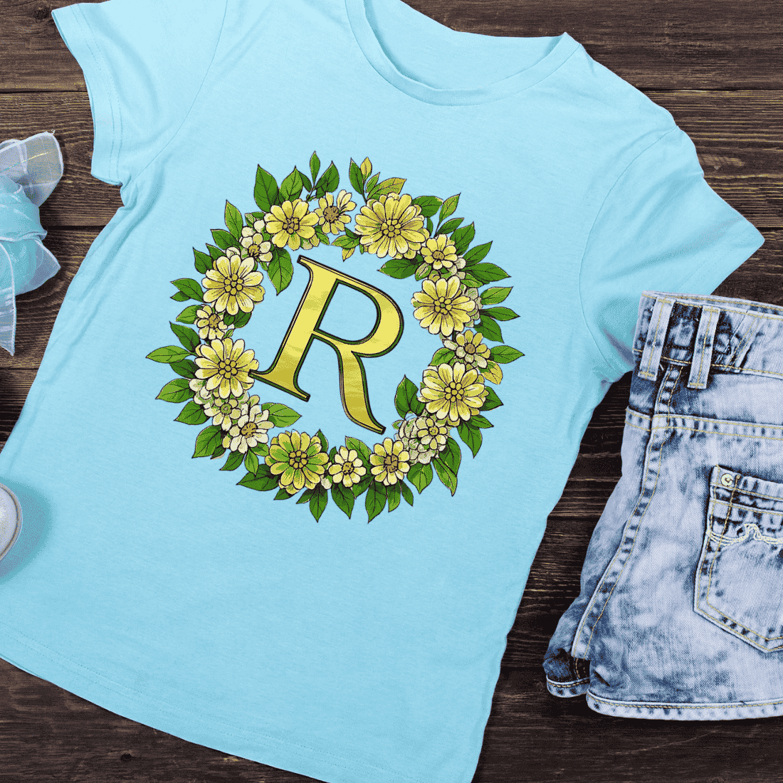 Decorative Letter R with Yellow Flowers T-Shirt Design preview image.