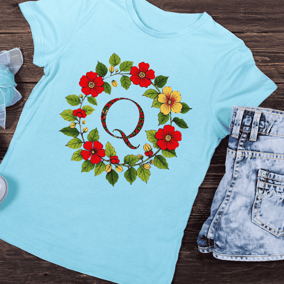 Floral Alphabet Letter Q Wreath T-Shirt Design preview image.