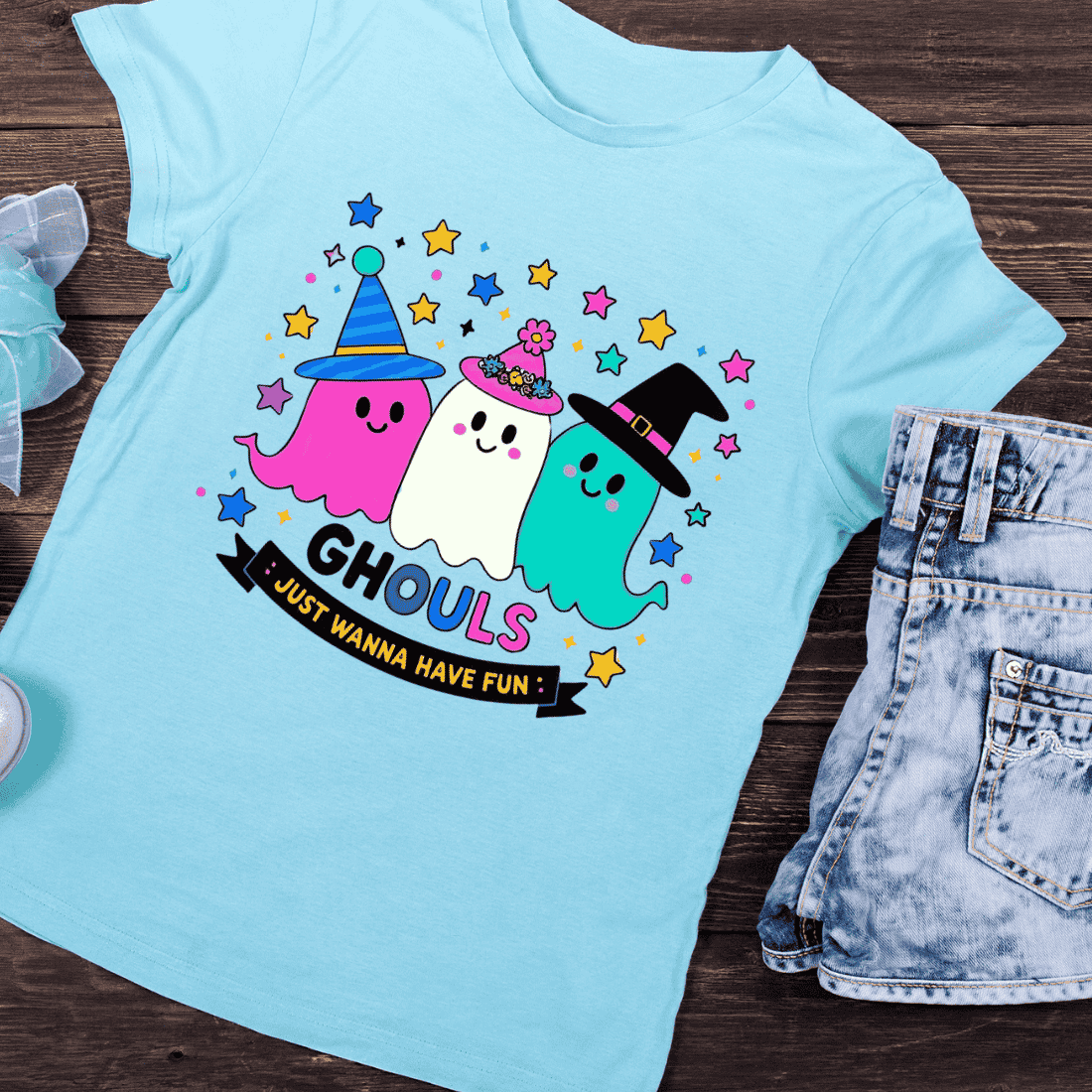 Playful Ghosts in Hats Ghouls Just Wanna Have Fun T-Shirt Design preview image.