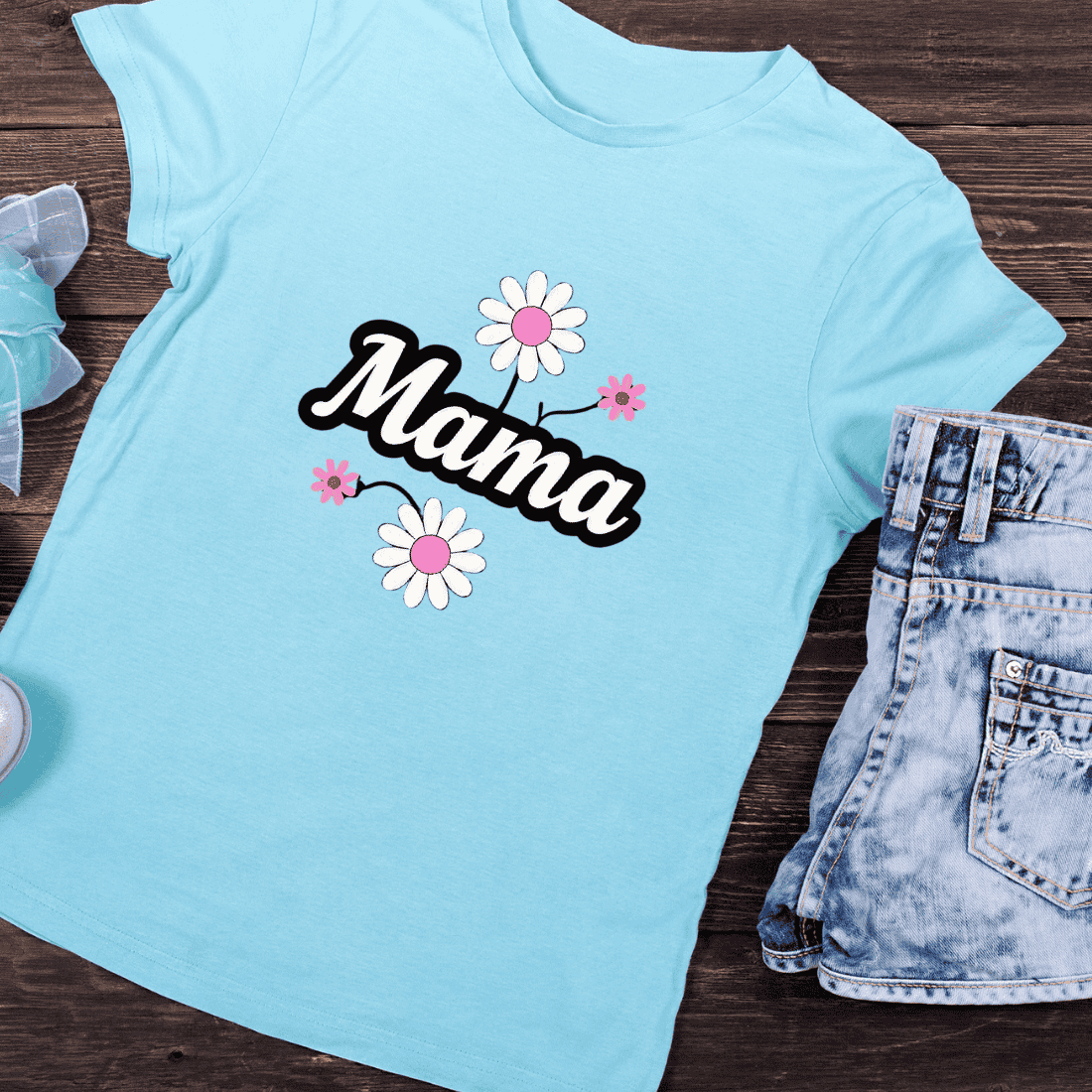 Mama Script with Pink and White Flowers T-Shirt Design preview image.