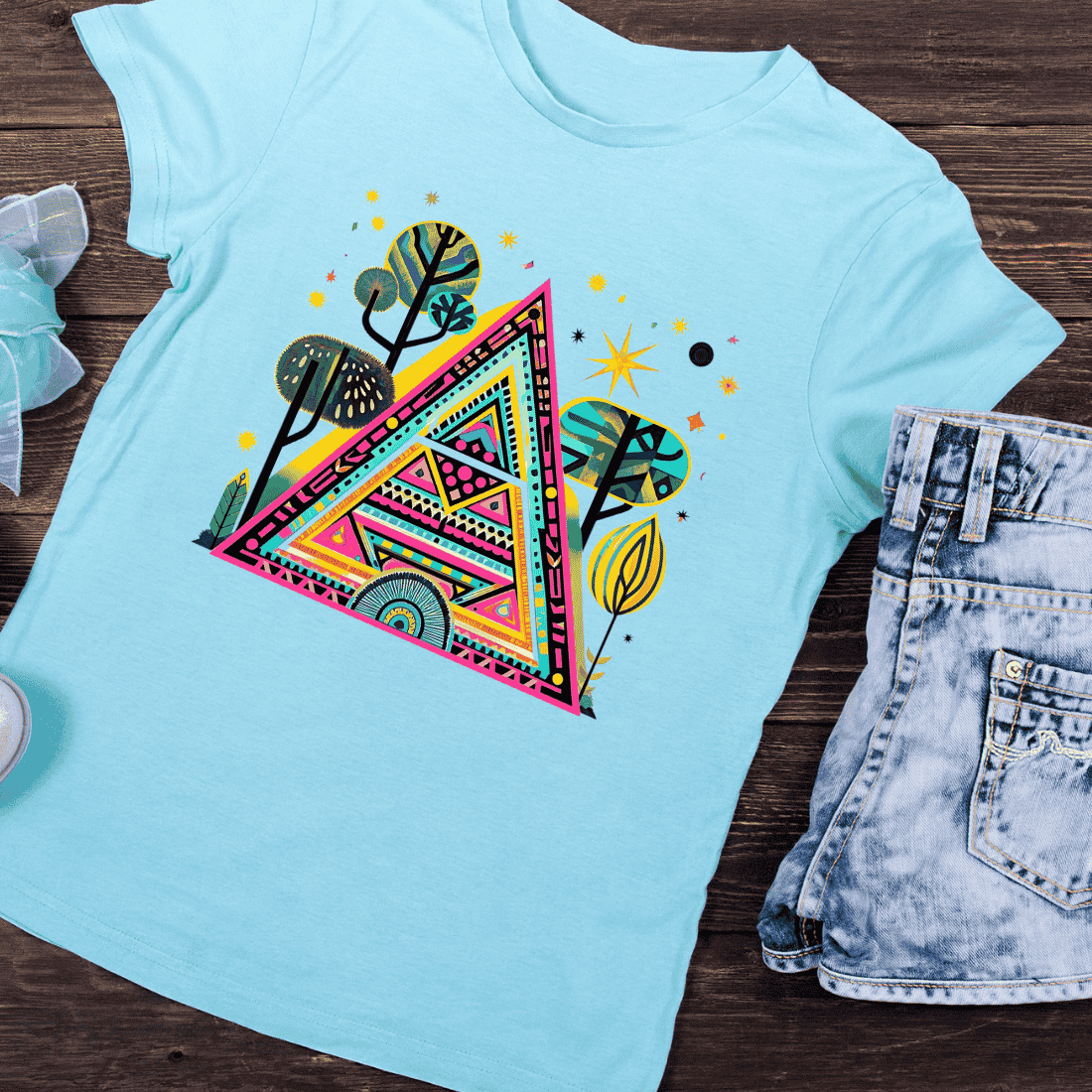 Boho Triangle Botanical T-Shirt Design preview image.